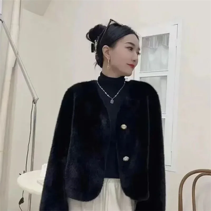 Pop Pink Mink Fur Coat For Women With V-neck Coat Lmitation Fur Jacket For Female Versatile Fashionable And Stylish Button Fur C