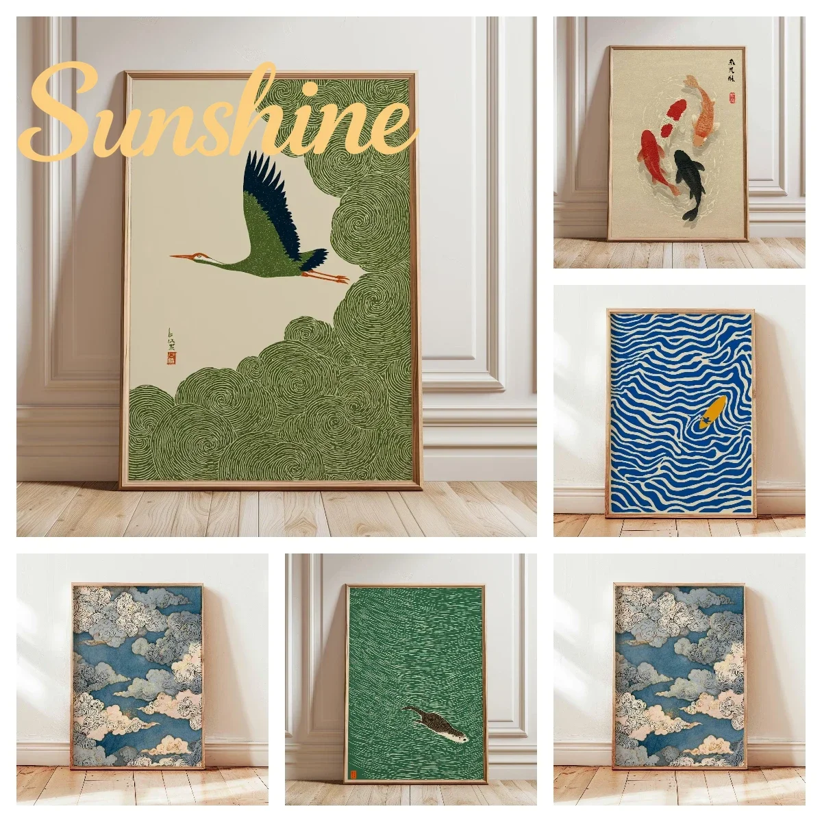 (No frame)Retro Japanese Crane in Swirling Cloud Skies Canvas Wall Art, Unframed Japanese Series Wall Art Prints for  Living