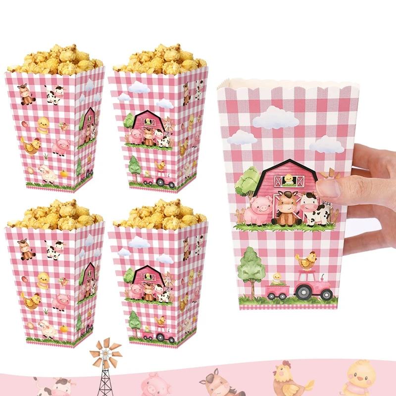 Bauernhof-Themen-Party Popcorn-Boxen Süßigkeiten-Schachteln Rosa Bauernhof-Party-Deko Bauernhaus-Thema Erster Geburtstag Hochzeitsfeier-Zubehör