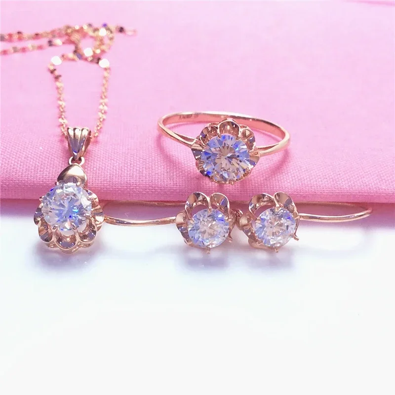 White Shiny Flower Jewelry Set Plated  Rose Gold Earrings for Women Charms Rings Necklace Elegant Light Luxury Necklaces