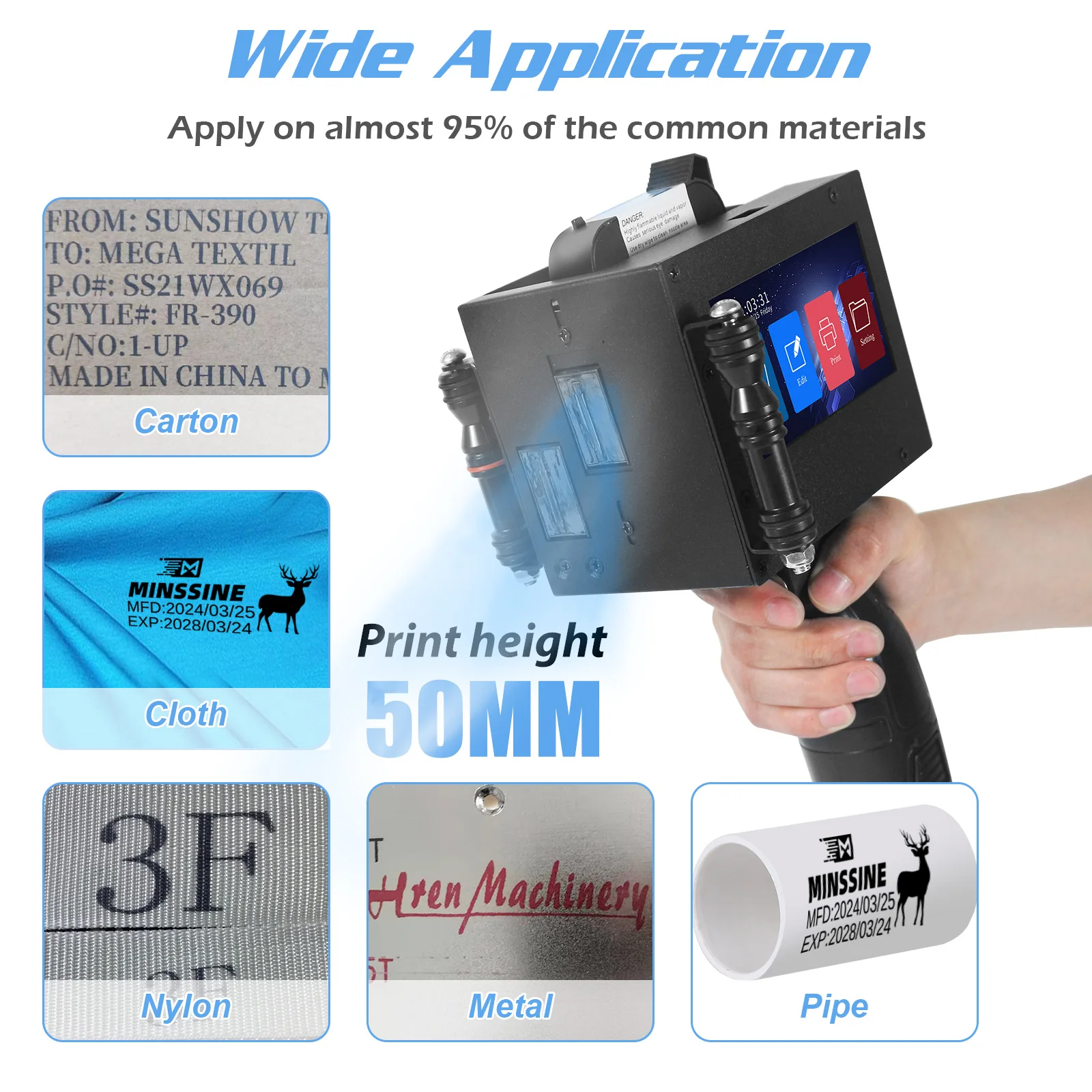 50mm Handheld Inkjet Printer Gun with 2 Fast-drying Cartridge for QR Barcode Batch Number Logo Expiry Date Label Coding Machine