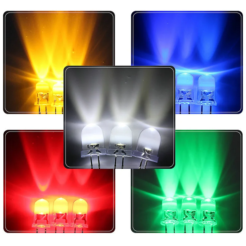 100PCS LED F5 Water Clear round 5mm Light Emitting Diodes Assorted Colors (Red Blue Green Orange Yellow White)
