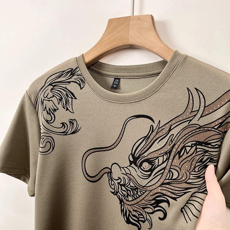 Summer Trendy Dragon Pattern Hot Drill Printing Round Neck Short-sleeved T-shirt for Men Designer Style New Casual Versatile Top