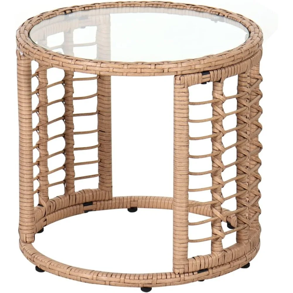 

All-Weather Wicker Side Table with Glass Top, Outdoor Patio Rattan End Table, Round for Indoor and Backyard Use