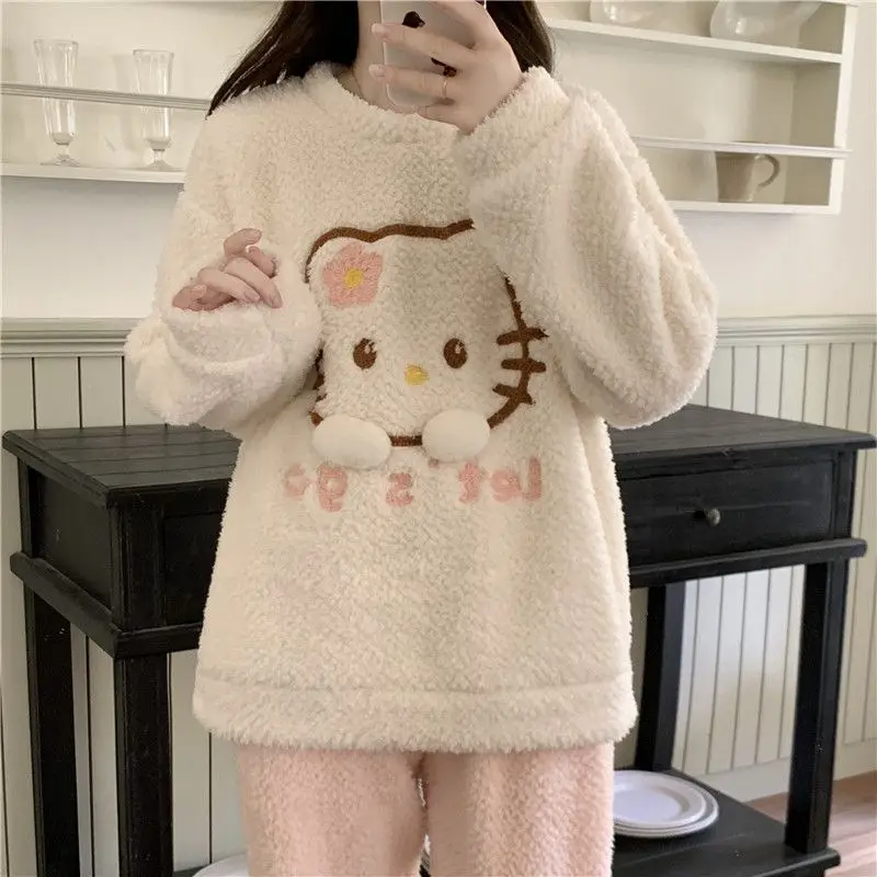 

Hello Kitty флисовый комплект из двух предметов, женский пуловер, одежда для отдыха, зимняя домашняя одежда, уютная одежда для дома, универсальная одежда