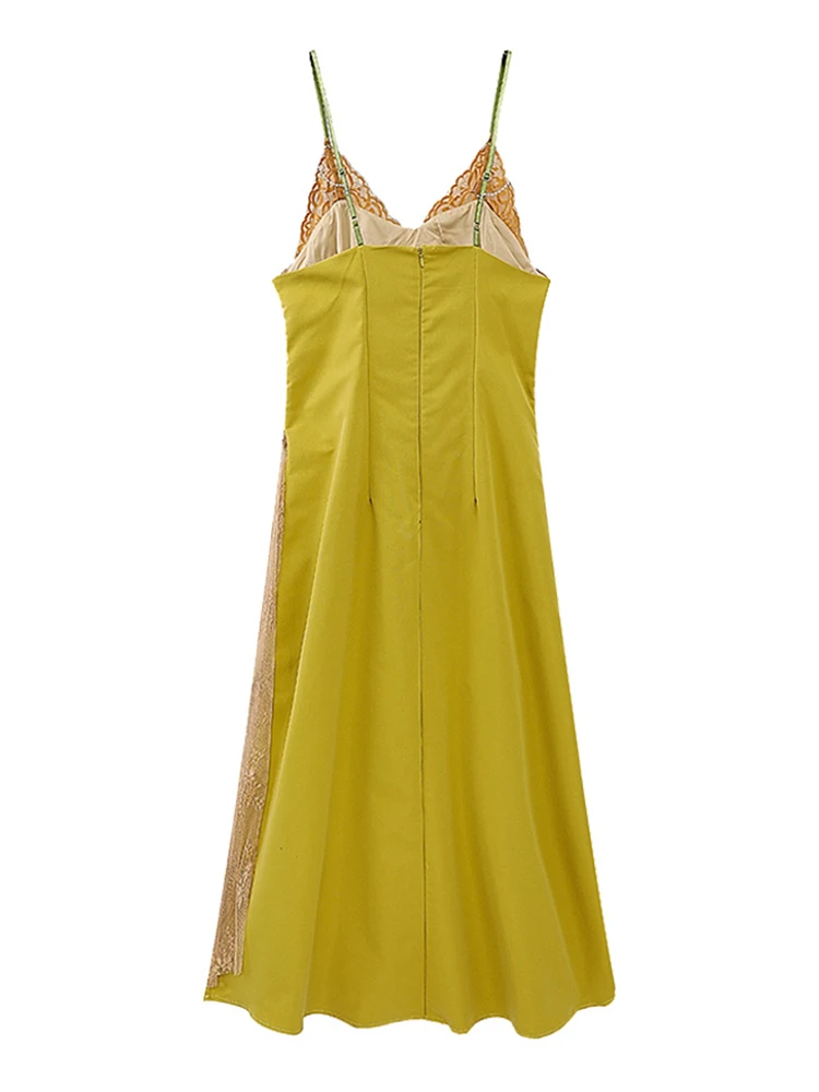 Contrast Color Vintage Lace Patchwork Design Women Suspender One-Piece 2023 Summer New Pleated Halter Dress Calf Length Chic