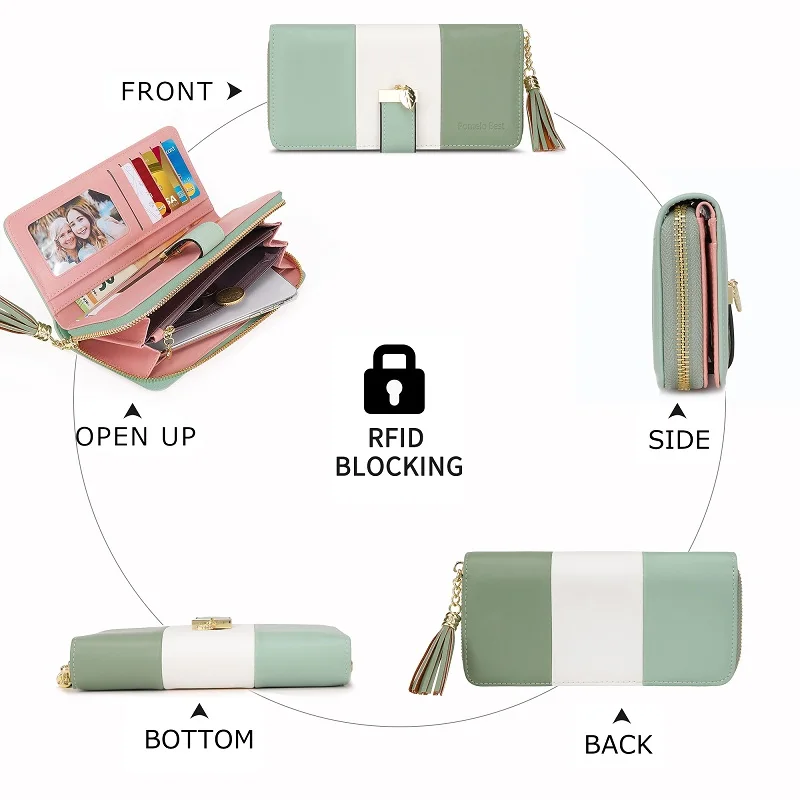 محفظة Pomelo Best للسيدات مزودة بتقنية تحديد الهوية بموجات الراديو من الجلد الطبيعي ومتعددة الائتمان بسعة كبيرة وسحاب حول القابض ومحفظة السفر