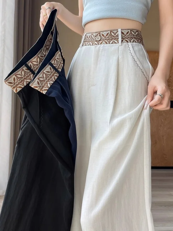 

Женские льняные брюки с высокой талией, широкие, из тонкого шелка, длиной в пол, струящиеся, повседневные, весна-лето