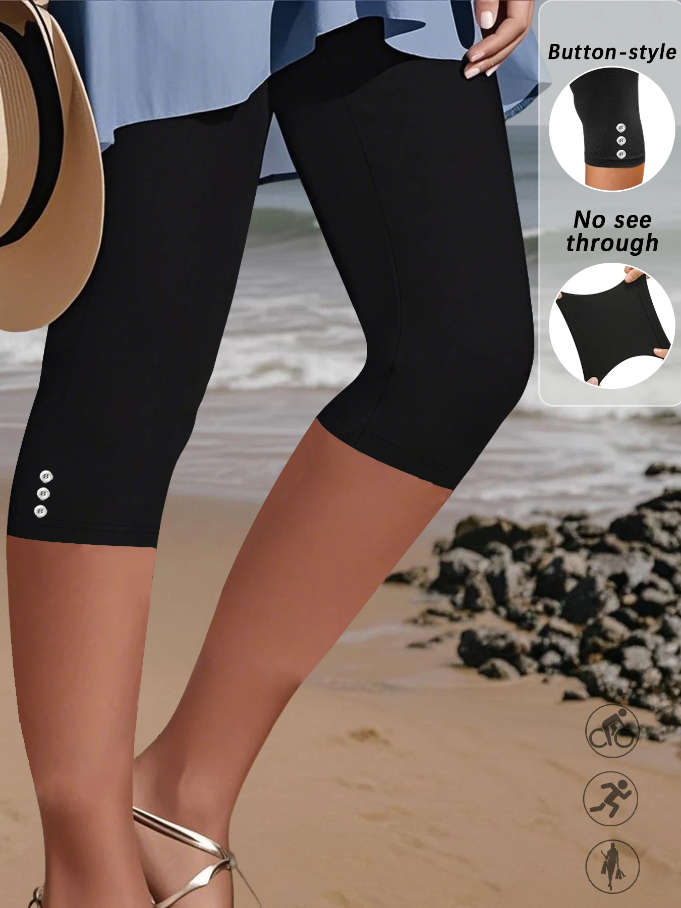 

Women's Super Soft Capri Pants With Side Button Detail, No See Through Workout Running Yoga Athletic Leggings