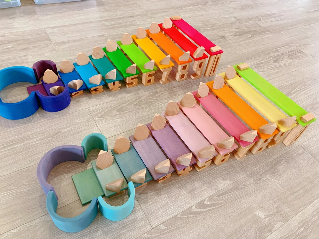 Bloques de apilamiento de construcción de madera, juguetes de números de matemáticas Montessori para niños, juego educativo