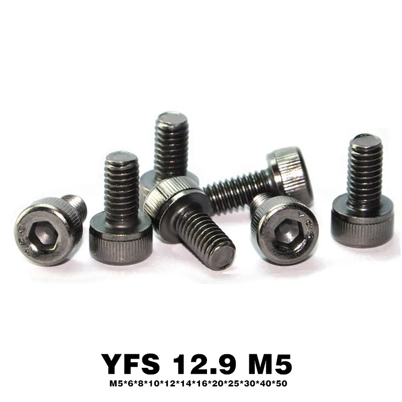 

100Pcs YFS M5 Hexagon Socket Head Cap Allen Bolt Screw M5*8*10*12*16*20*30~50mm Grade 12.9 Black Nickel Plating Antirust Screws