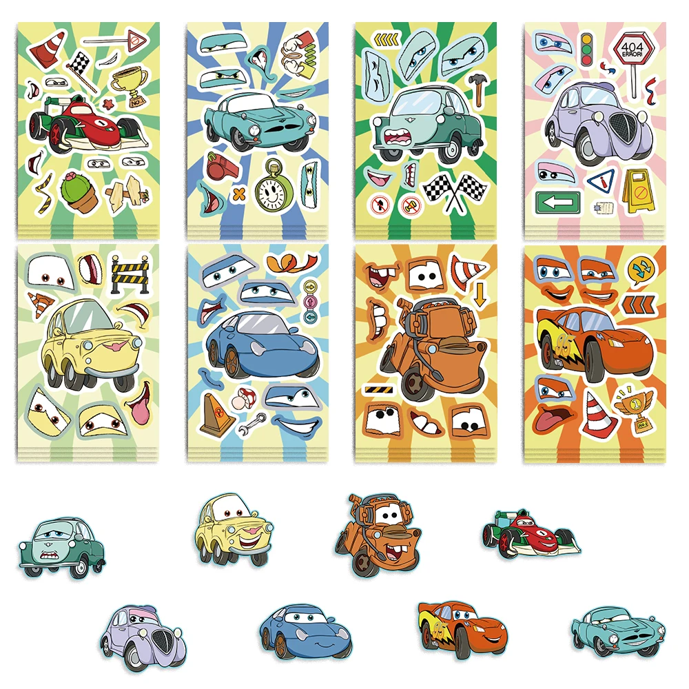 8/16/24pcs Disney Cars Make-a-Face Puzzle Sticker DIY Phone Laptop Luggage Skateboard Graffiti Decals Fun for Kid Gift﻿