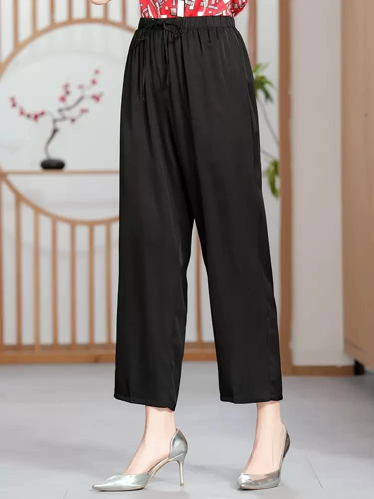 Birdtree 93% Real Silk Straight Pants, Women's High Waist Satin Casual Loose Pants, Elegant Fashion Spring Summer 2024 B42604QM