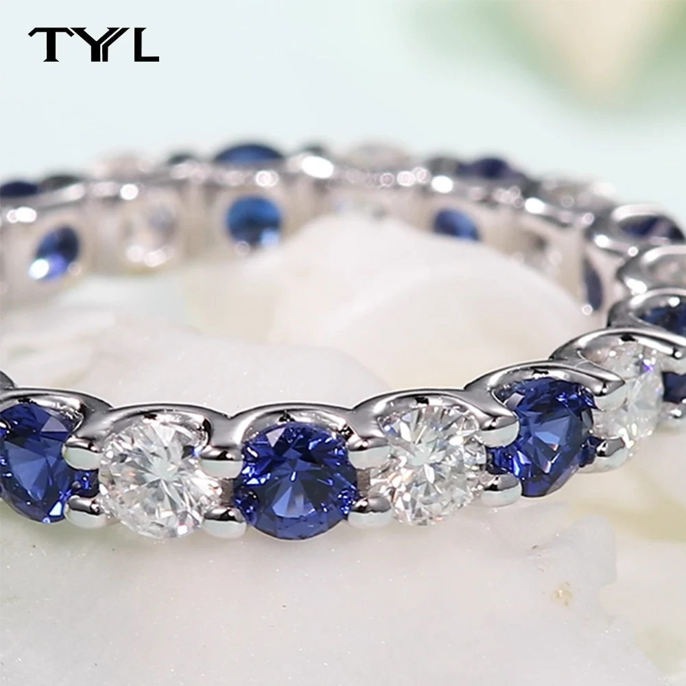 

TYYL 3mm D Moissanite Sapphire Emerald Ruby Ring for Women Genuine Gemstone Rings Real 925 Silver Eternity Wedding Band Jewelry