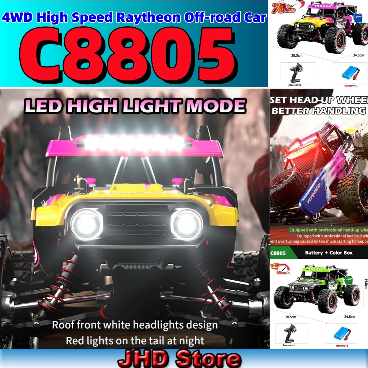 

JHD for JJRC C8805 1:16 RC Car 4WD High Speed Raytheon Off-road 2.4G Brushless Electric Climbing LED Headlights Monster Truck