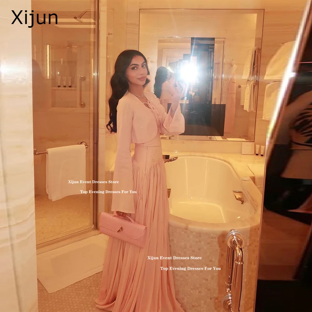 

Xijun Pink Crepe A-Line Evening Dresses Jacket Saudi Arabric Formal Prom Dresses Pleated Full Sleeves Occasion Prom Gowns Custom