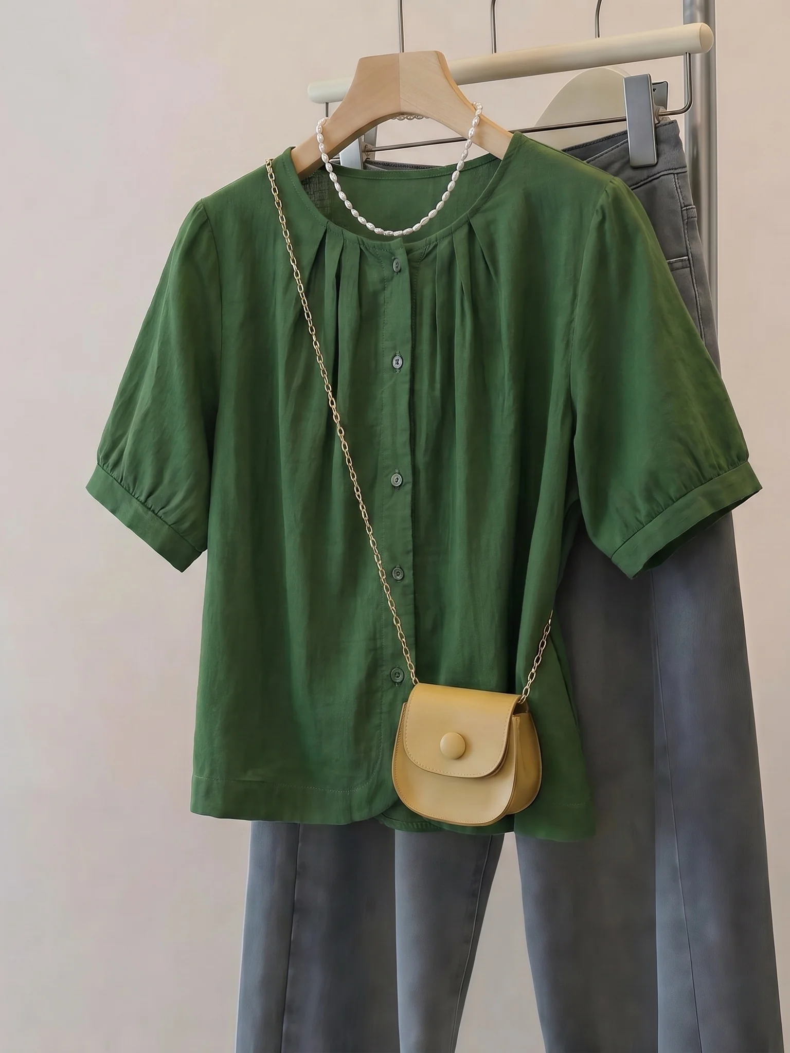 

Green Cotton Linen Short Sleeve Shirt Women's Thin Shoulder Summer New Style Large Size Fat MM Forest System Retro Top