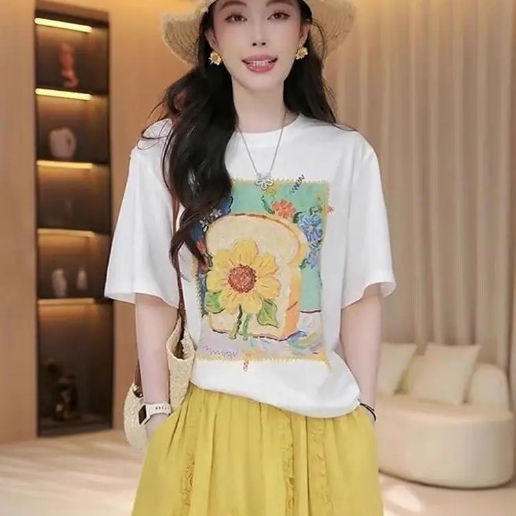 

Slimming Large Size Women's Fashionable Summer 2026 T-Shirt Loose Base Shirt Short Sleeve Print Trendy Top Comfortable Fit