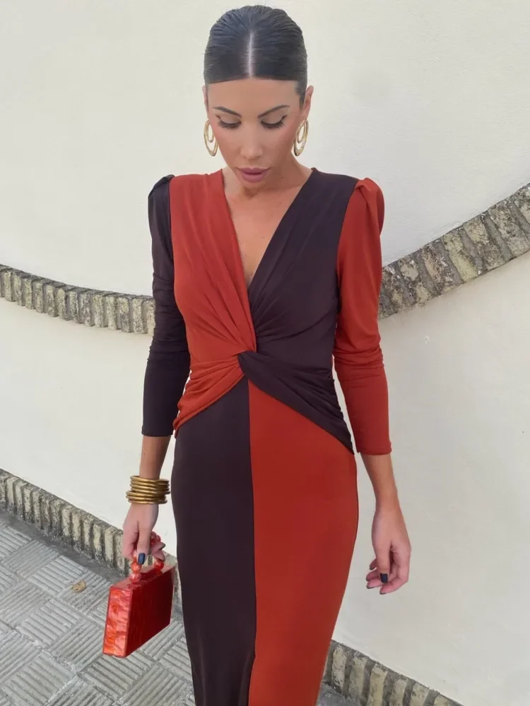 Chaxiaoa Elegant Sleeveless Color Block Long Sleeve Dress Women Sexy V-neck Bodycon Party Evening Dress Winter New Vestidos 2026