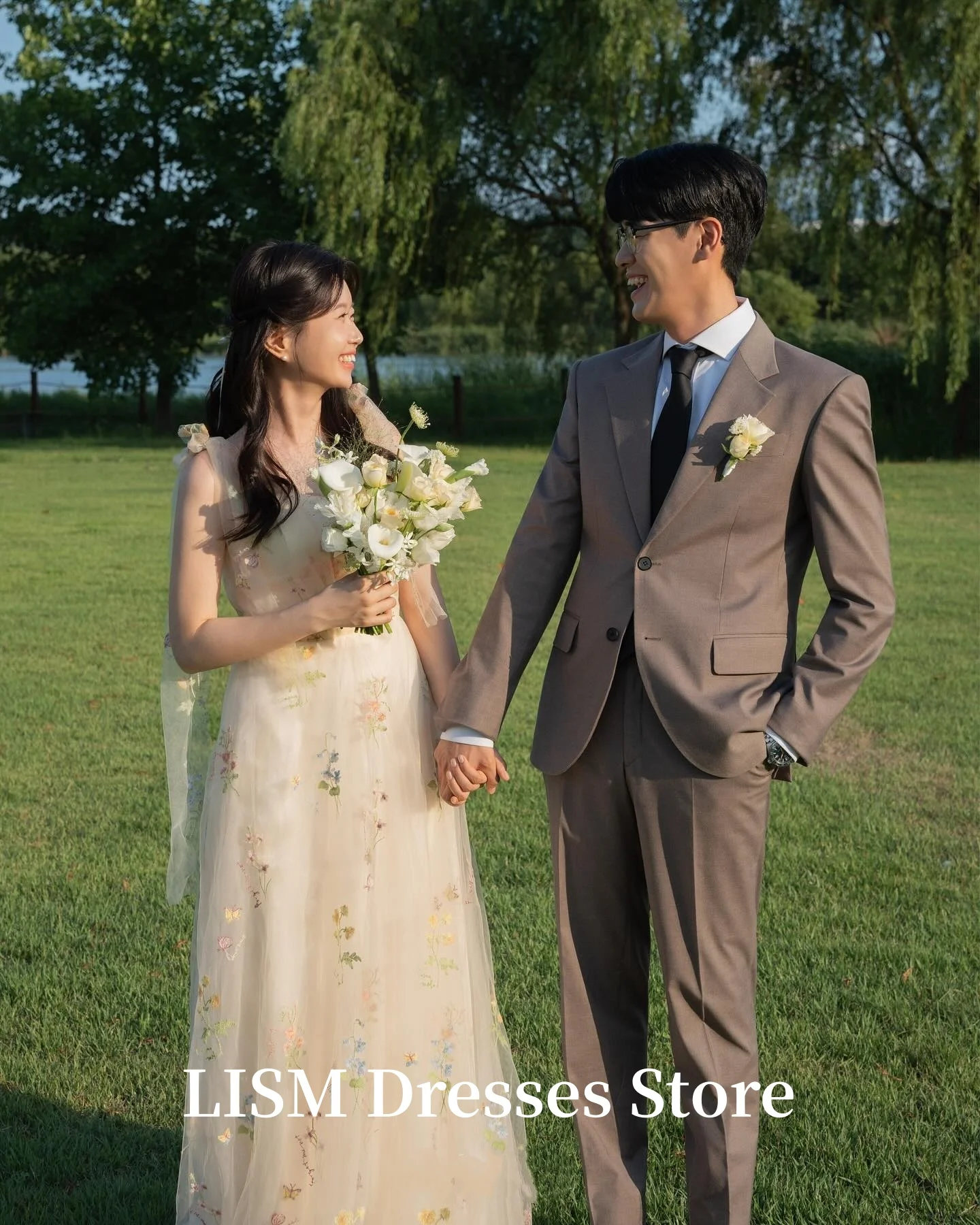 فساتين سهرة كورية باللون الأصفر على شكل حرف a من LISM تول حريري فساتين زفاف خرافية فساتين سهرة لالتقاط الصور حسب الطلب #2