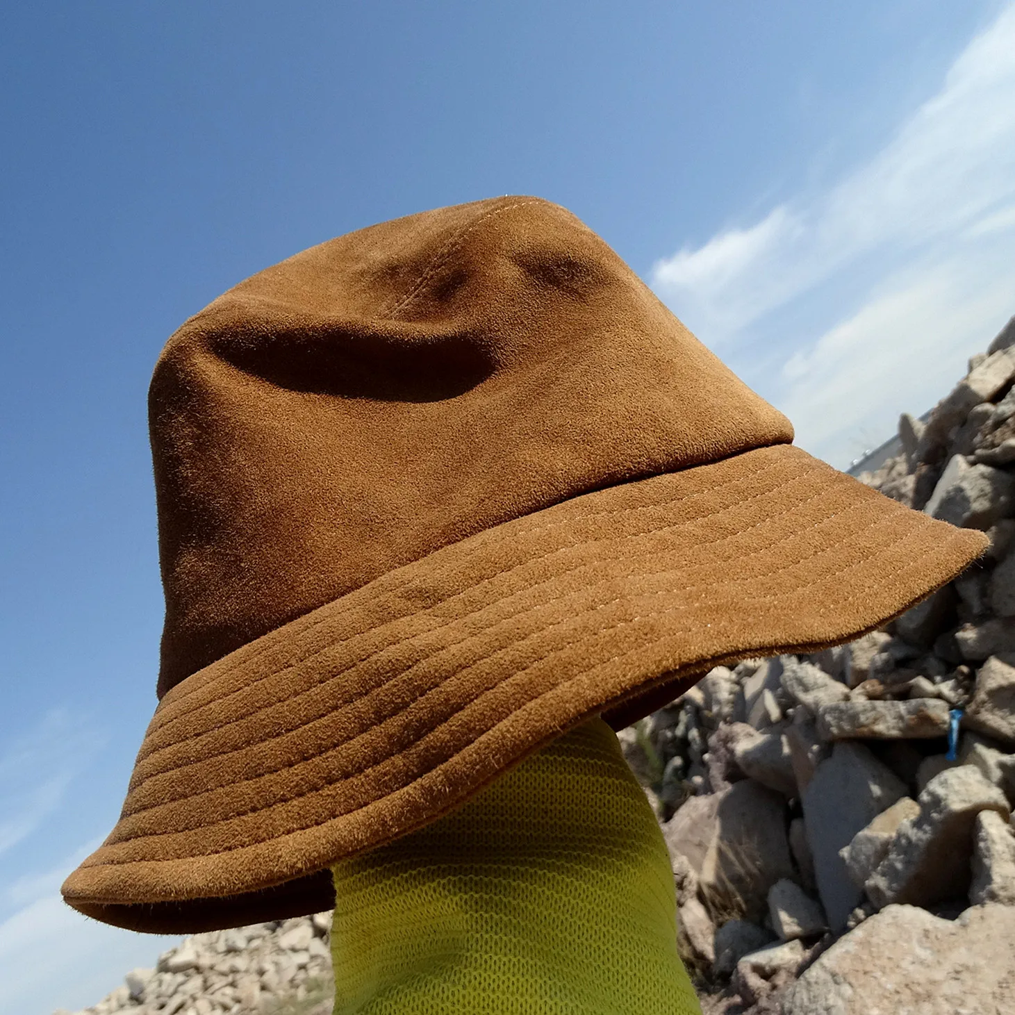 Lightweight Breathable Top Layer Velvet Goat Skin Discreet Luxury Genuine Leather Fisherman Hat Bowl Cap Unisex
