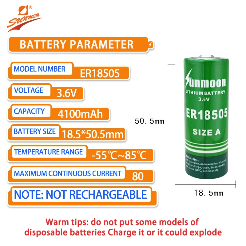 Sunmoon ER18505 disposable lithium thionyl chloride battery 3.6V robot server intelligent water meter and meter