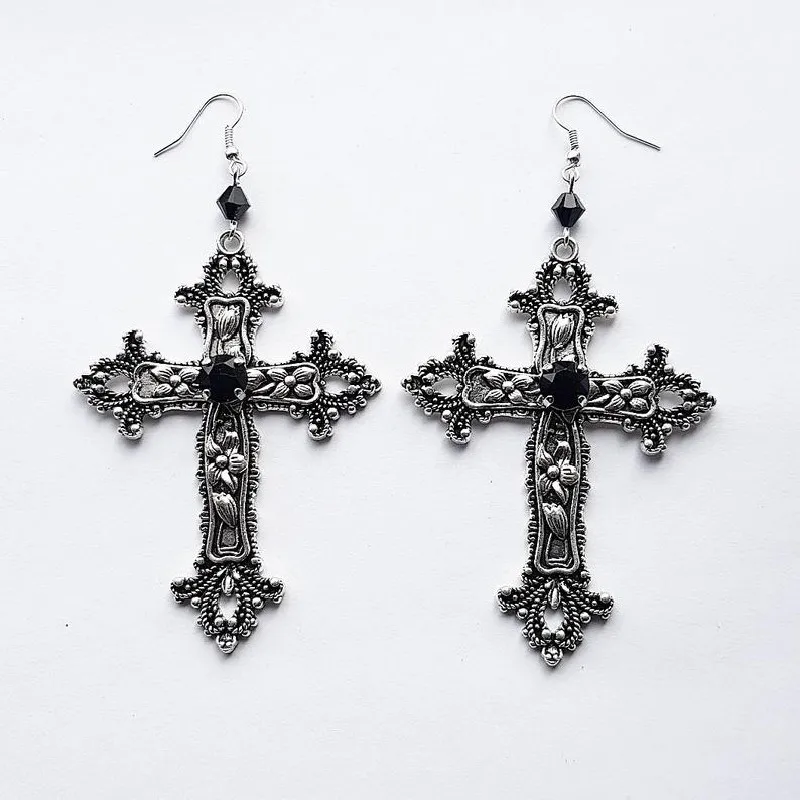 LENNIK Boucles d'oreilles pendantes croix gothique design haut de gamme avec accents en cristal rouge et noir, boucles d'oreilles tendance de style foncé