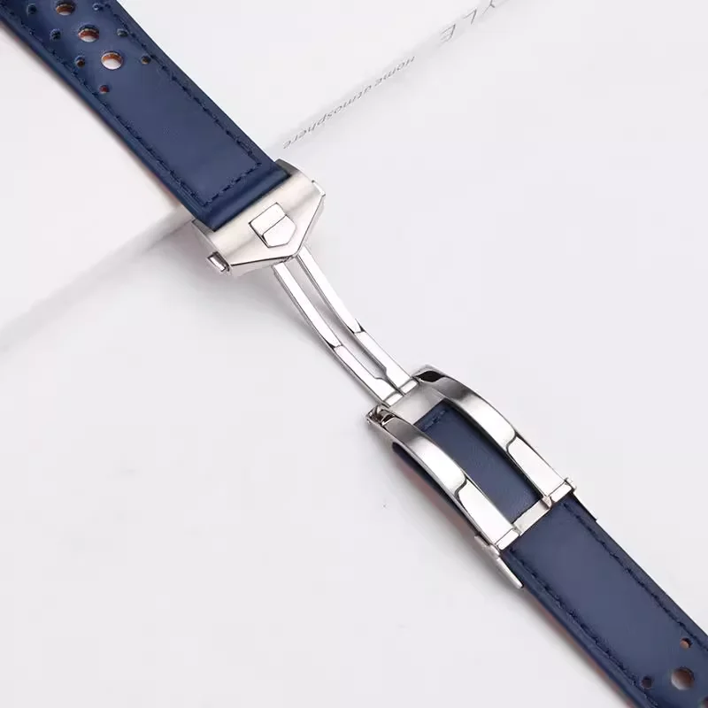 Pulseira de couro respirável 22mm para tag heuer monaco carrera cbl2115 pulseira de relógio de couro masculino fivela dobrável pulseira
