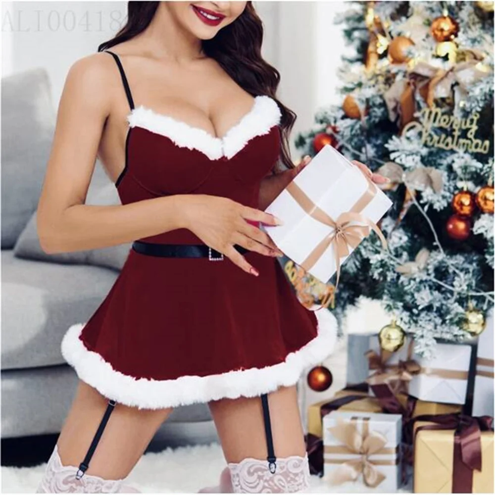 Sexy Christmas Cosplay Lingerie Women Underwear Red Lace Feather Dress Babydoll Nightgown Sleepwear Sexy Role Play Outfit