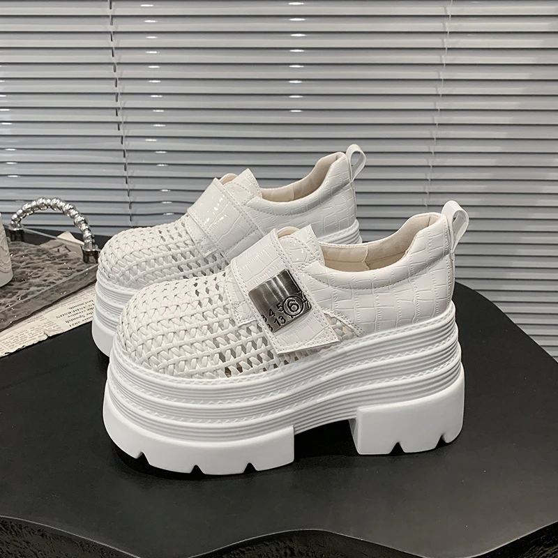 

Женские туфли без шнуровки на платформе 8 см, новые летние кожаные кроссовки на толстой подошве, дышащие уличные сандалии на высоком каблуке