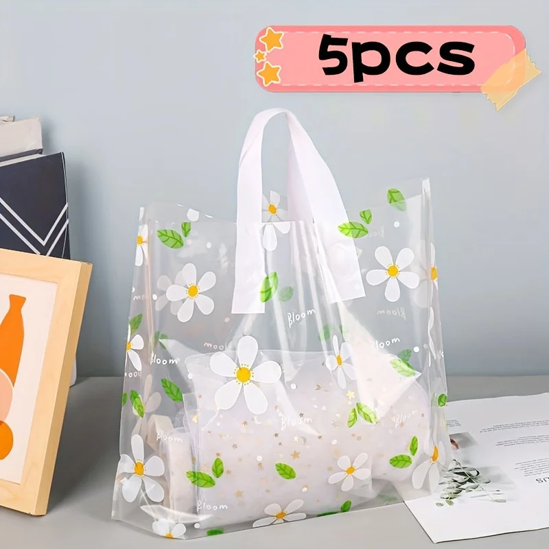 Bolsa de mano transparente con margaritas y flores, bolsa de regalo de plástico, bolsa de compras portátil, bolsa de regalo práctica, bolsa de compras para tienda de ropa, 5 uds.