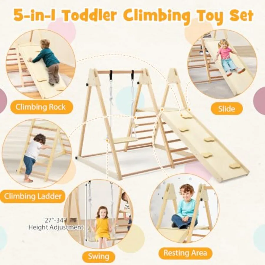 Indoor Jungle Gym Grote 5in1 Speeltuin Klimmerspeelset met Babyschommel Glijbaan Ladder en Klimmuur Opvouwbare Houten Mon