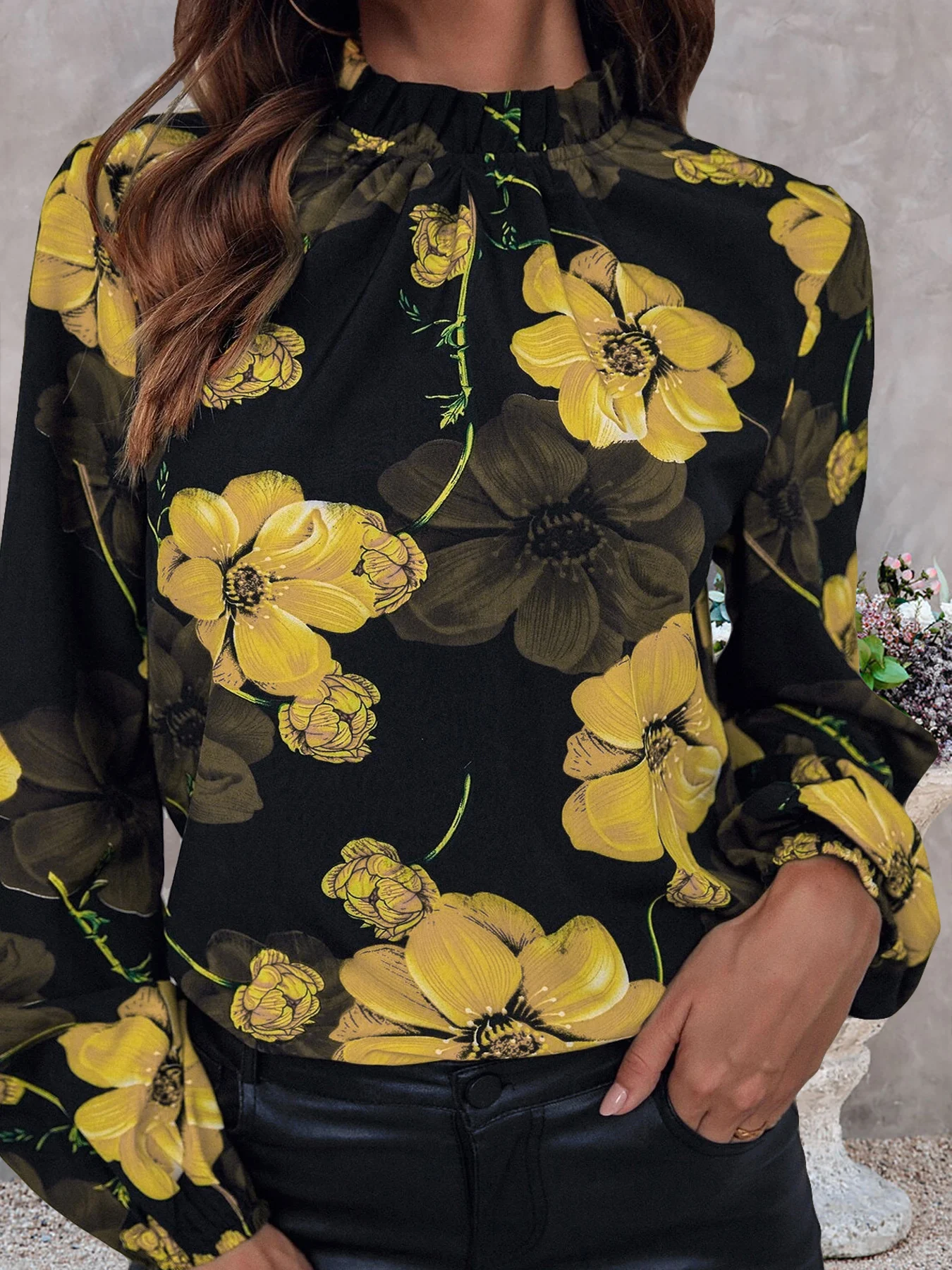 Women Elegant Floral Printed Blouses Shirts Casual Stand Collar Long Sleeve Shirts Tops Ladies Fashion Blouse Shirt