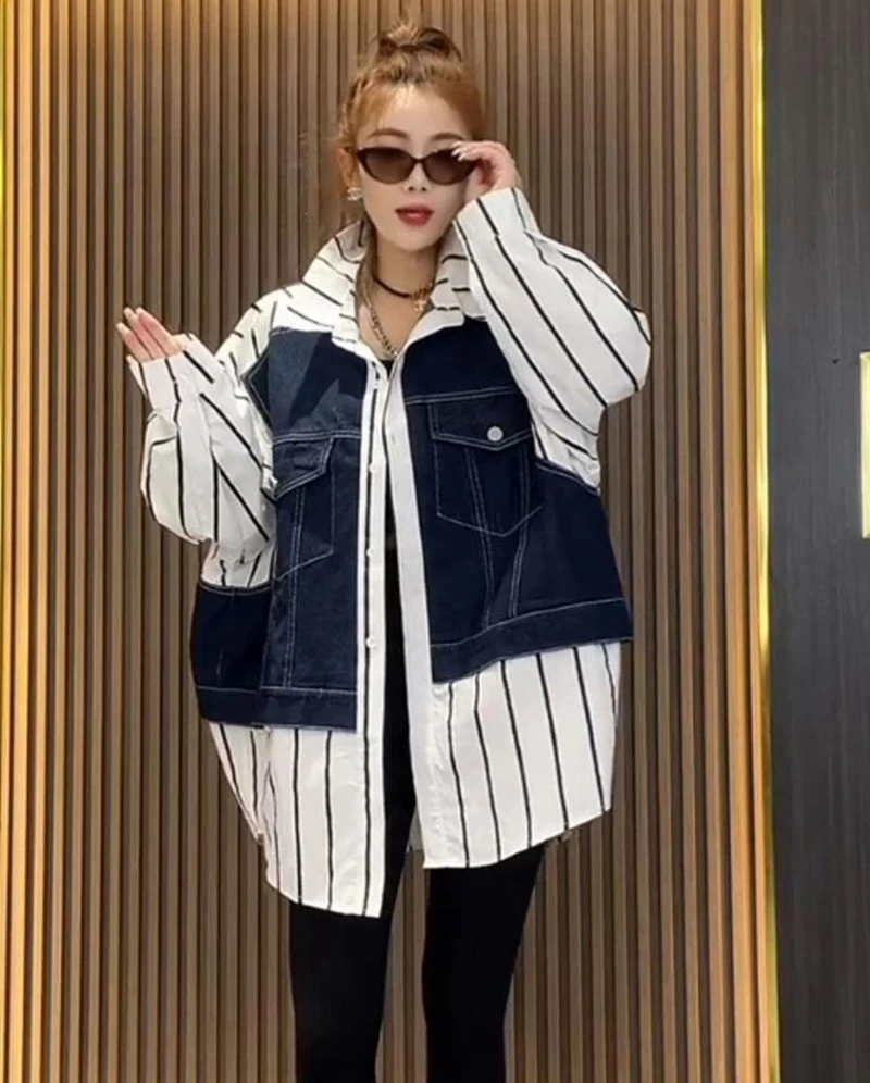 2024 New Korean Version Oversized Denim Jacket Women\'s Fashion Patchwork Striped Denim Jacket Loose Casual Jacket Women\'s Trend