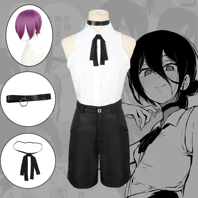 Reze Cosplay Costume Chainsaw Man Outfits Blue Suit Shirt Short Tie Neck Ring Women Anime Uniform Halloween