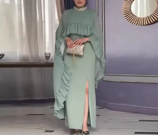 

2025 Autumn Women's Elegant Latest Solid Color Round Neck Ruffled Decorative Shawl and Sleeveless Vest Straight Tube Dress Set