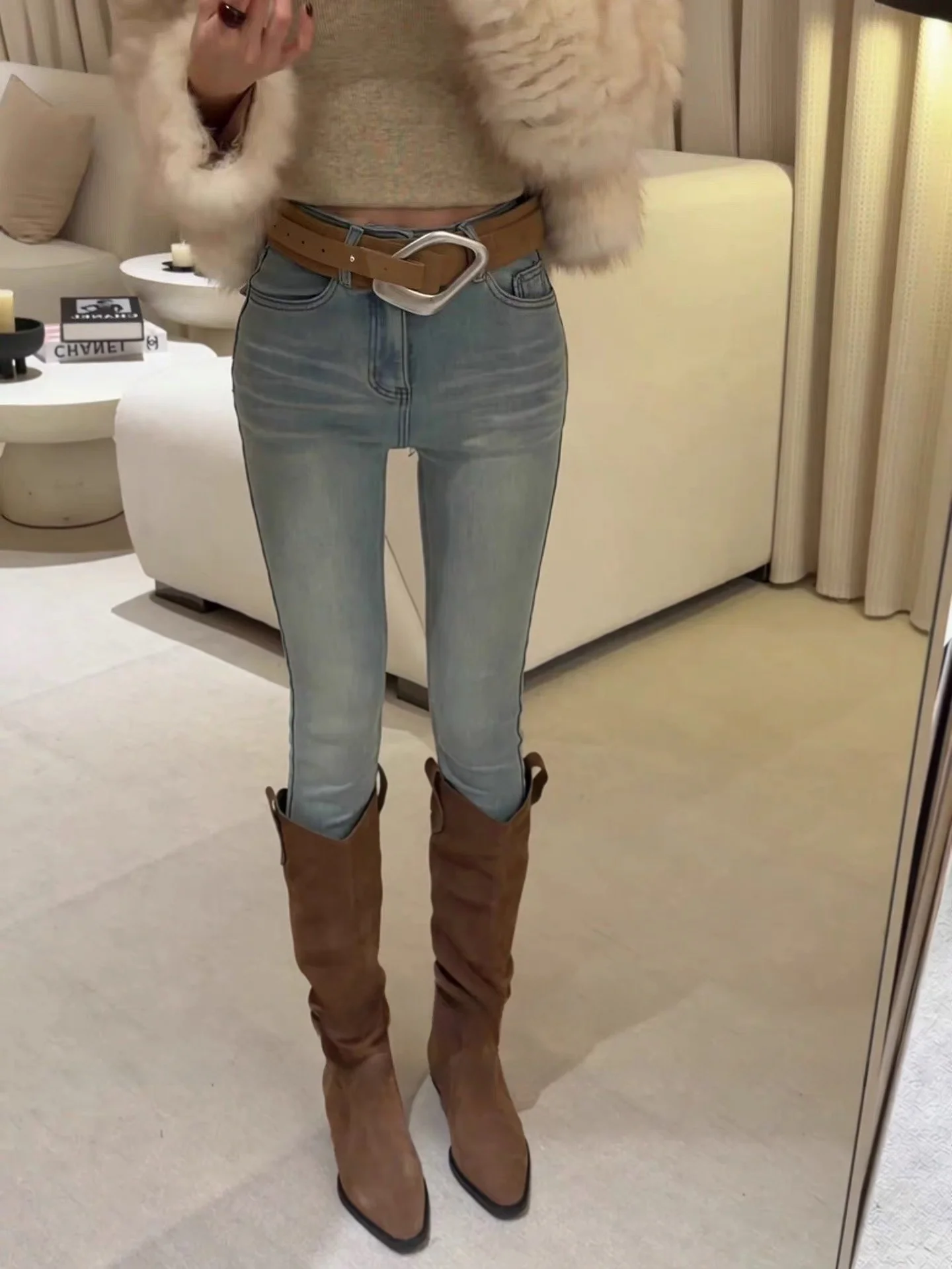 

High Waist Fce Lined Blue Jeans Women's Elastic Slim Fit Faionable Autumn Winter Pencil Skirt Sle Cotton Stretch Denim