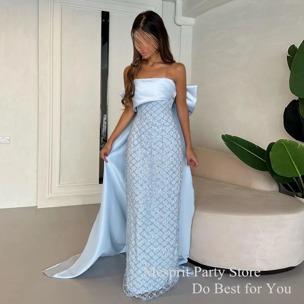 Light Blue Prom Dress Strapless Sleeveless Sparkling Grid Tulle Staight Evening Dress Custom Size Saudi Arab Party Gown