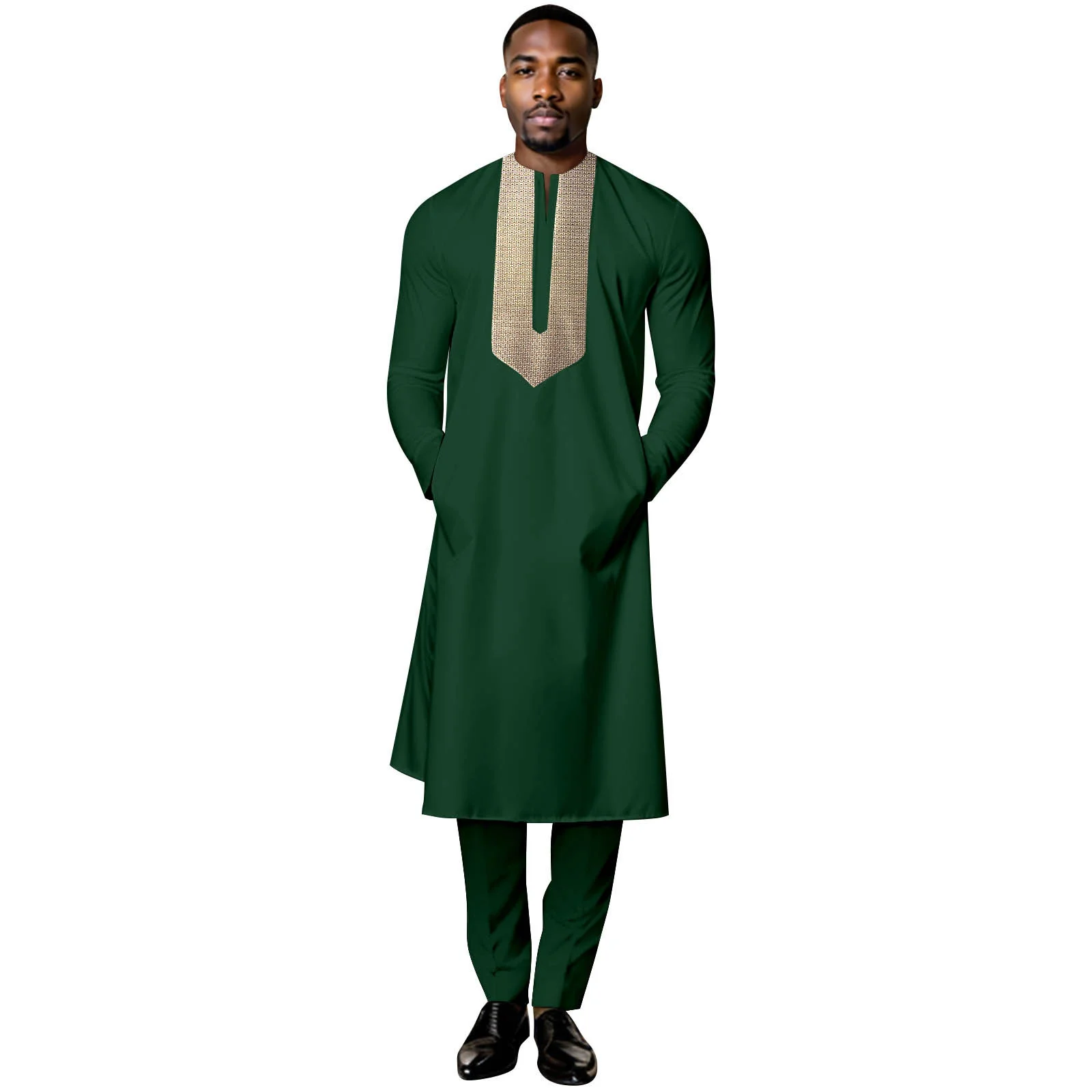 New Fashion 2 Pcs Set Men Thobe Muslim African Suits for Men  Dashiki Clothes O-neck Shirt Robe Pants Church Wedding Wear