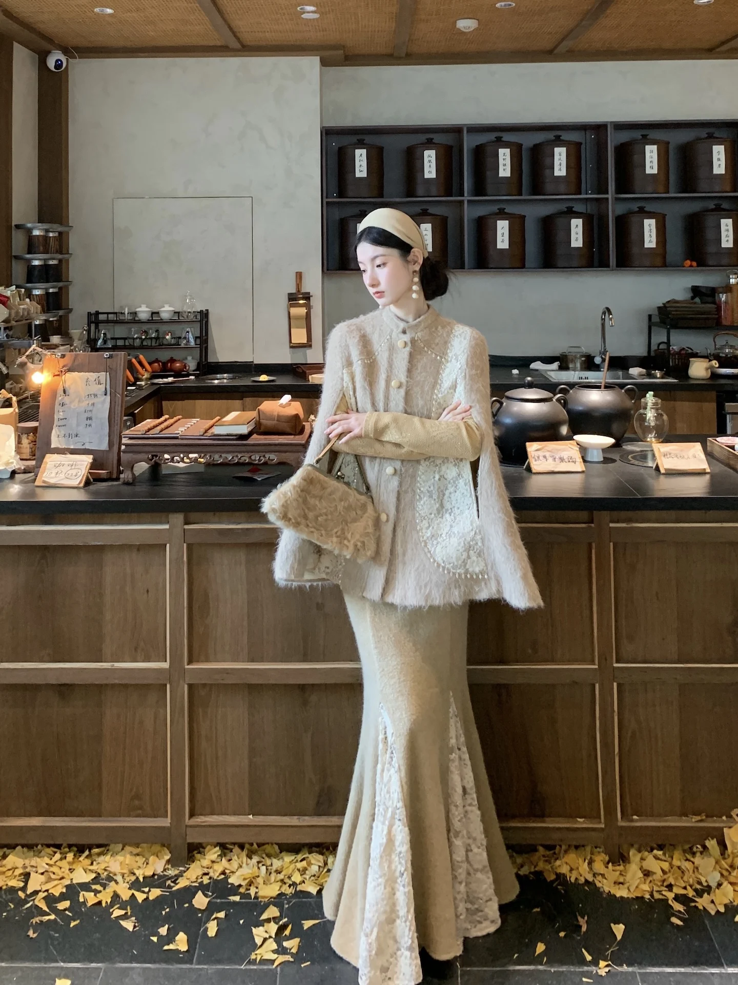 

Walkink Heavyweight 3-Piece Set Cotton Inter Thiened Wool Cloak Lace f Skirt Ensemble Women's Faion Winter Ou...