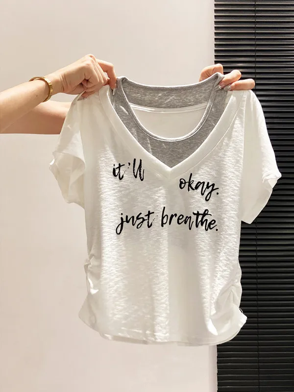 Summer New Style Women's T-shirt Letter Print Short Sleeve V-neck Splice Fake Two-Piece High-waist Breathable UV Protection