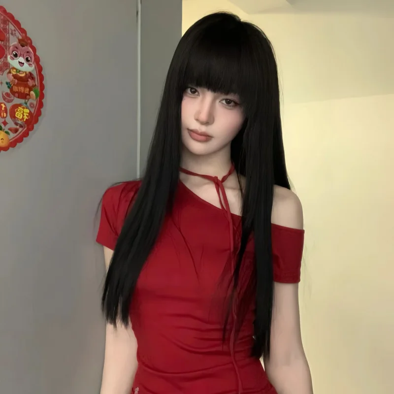 long straight for women with bangs, fluffy and natural, everyday black full , Fujiang manga wig