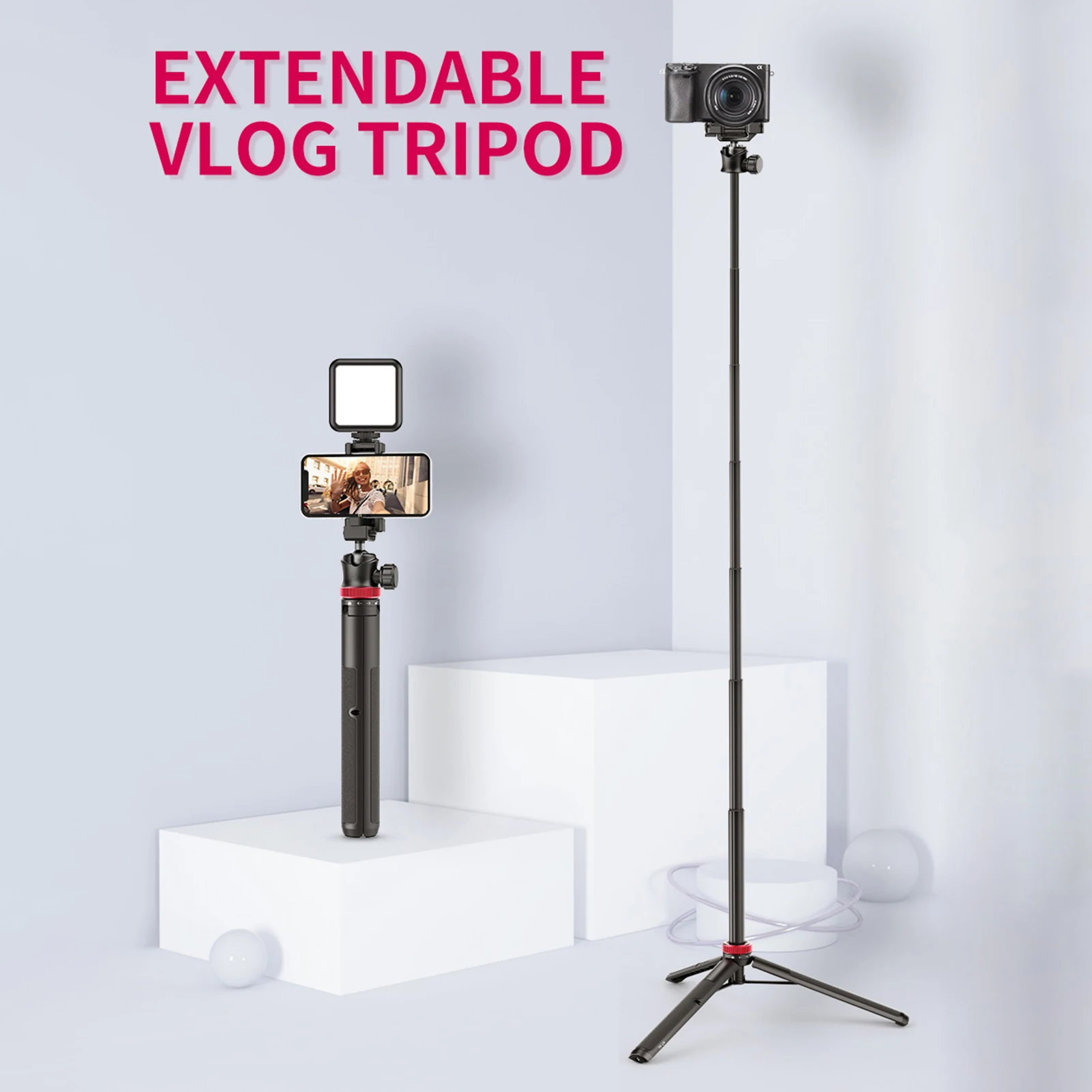 

Extendable Mini Tripod Stand Flexible Portable Selfie Stick with 360° Rotatable Ball Head Quick Release Plate Phone Clip Max. Lo