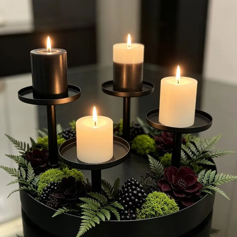 Vintage 4-Head Candle Holder Matte Black with Drip Tray Metal Candelabra Pillar Candlestick for Party Table Centerpiece Decor