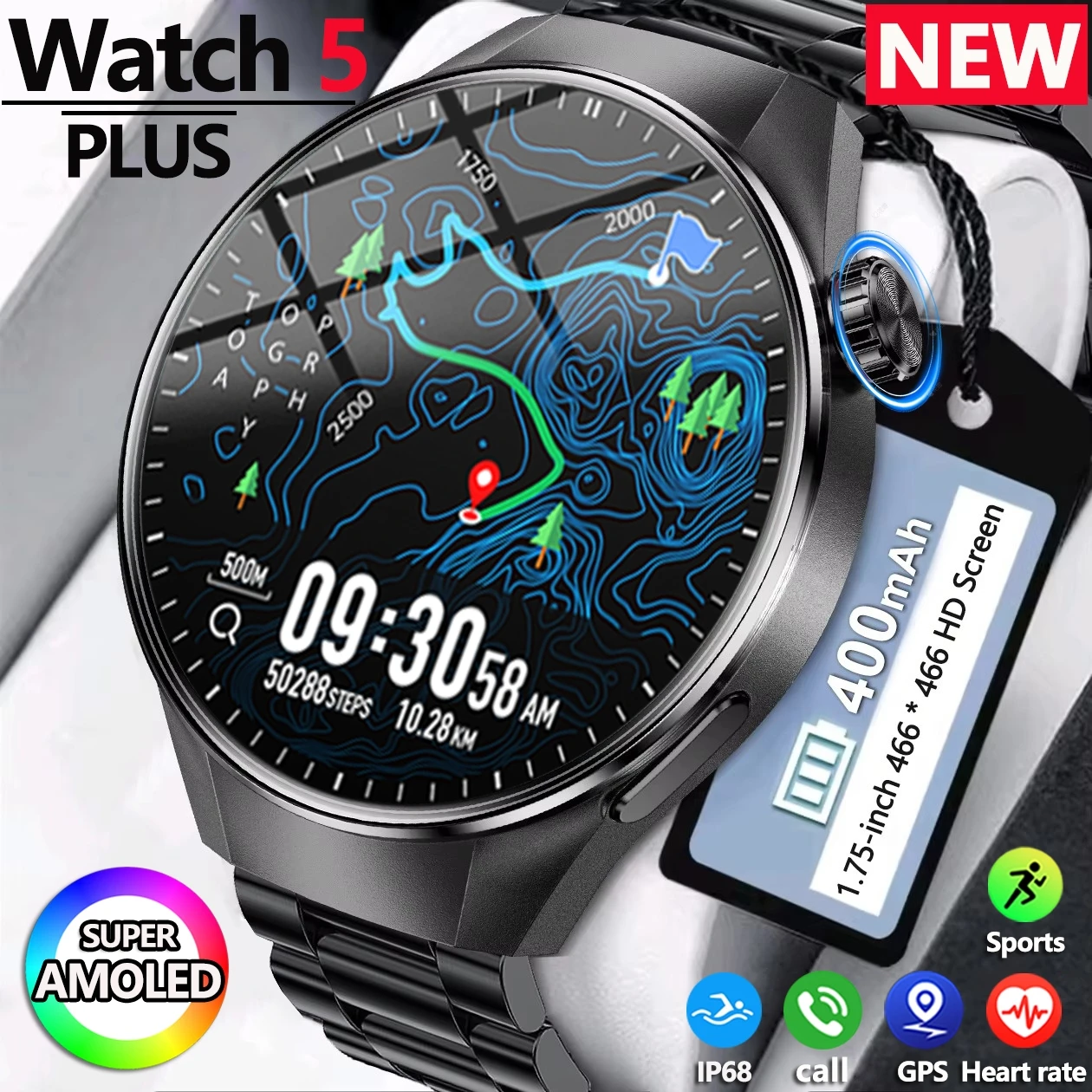 

2025 New Watch G5 PlUS Smart Watch Men 1.75" HD AMOLED Screen GPS track Heart Rate Bluetooth Call Compass Waterproof Smart Watch