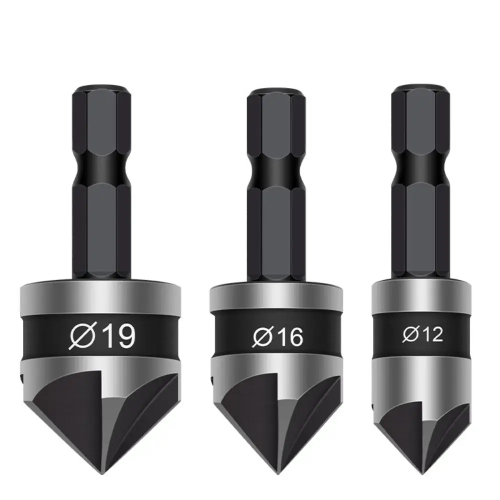 3pcs/1Set Hexagonal Shank Chamfer Counter Sink 12/16/19mm 90 Degree Drill Bit Cutter 5 Flute Chamfering Deburring Chamfering