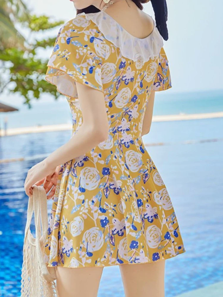 Impressão cover-up roupas femininas verão beach wear vintage com decote em v a linha de cintura alta kpop moda Куshenльник Жishiukan macio elegante novo