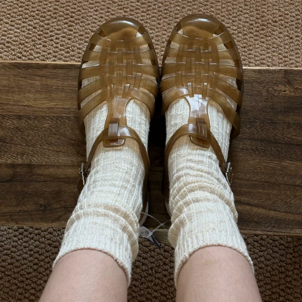 Hollow Out Vintage Woven Roman Sandals New Brown Closed Toe Women Crystal Jelly Shoes Beach Travel Daily Commute Sandals