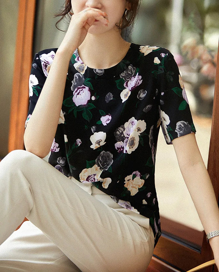 BirdTree, 100%Mulberry Silk Elegant T-Shirts, Women Short Sleeve Floral, French Retro Commute Tee, 2024 Summer Autumn T48665QC