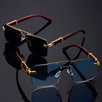 Women's Frameless Double Beam Fashion Sunglasses Golden Border Wood Grain Bracket for Male and Female Drivers Black Eyeglasses